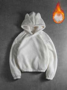 PAVTROS 男士连帽抓绒卫衣，卡通耳朵设计，白色，创意风格，适合休闲、通勤、日常穿着、街头潮流，是送给男友、老公、休闲、运动、通勤、返校、度假、情侣装、个性单品、朋友、街头服饰的绝佳礼物。 - 白色 - 查看 4