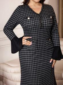Modelyn 大码女士优雅格子V领拼接喇叭袖连衣裙 - 彩色 - 查看 6