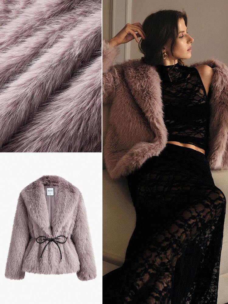 WATERFALL BELTED FAUX FUR COAT