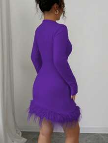 Elenzga Women's Fashionable Solid Color Fringed Decor Mini Sweater Dress - Purple - View 2