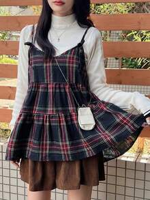 Women's Plaid Strap Bowknot Layered Patchwork A-Line Casual Tank Top, Autumn - Multicolor - View 6