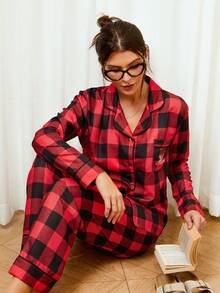 Doze Lane 女士复古休闲撞色格子“Hers”字母印花翻领长袖宽松睡衣套装 红色睡衣套装 女士格子睡衣，秋冬服装 - 彩色 - 查看 3