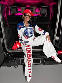 Slaydiva 新款春夏女装返校套装，商务休闲街头风，复古学院风拉链夹克，短款露脐上衣+直筒/阔腿裤套装，复古美式Logo印花，杏色运动套装两件套，女式两件套裤装，女士俱乐部两件套 - 杏色 - 查看 6