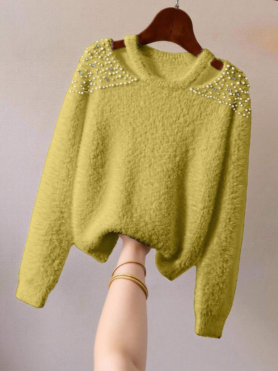 GlowEve 秋冬顺滑柔软舒适露肩珍珠铆钉针织毛衣，舒适亲肤轻薄不掉毛 - 綠色 - 查看 1