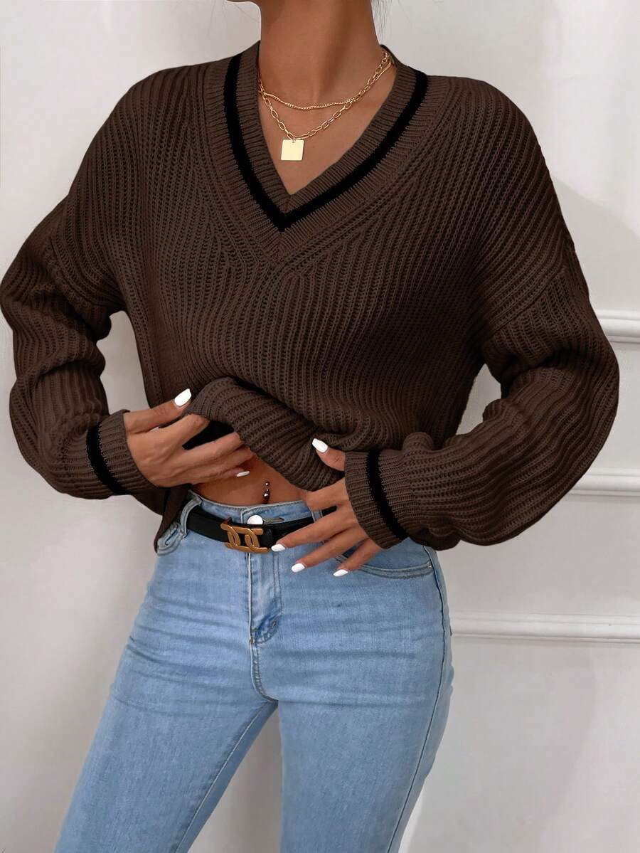 SHEIN Frenchy Suéter de cuello en V con hombros caídos y ribete a rayas - Marrón - Ver 1