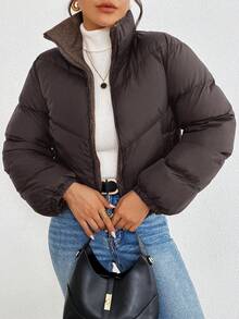 SHEIN Frenchy Women's Solid Color High Collar Winter Thermal Lined Zip-Up Long Sleeve Padded Coat Brown Casual
