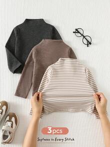 Cozy Pixies 3件套男婴彩色条纹纯色针织柔软高领长袖套头衫套装