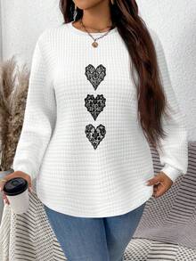 EMERY ROSE 女士休闲通勤黑色心形蕾丝印花华夫格面料宽松运动衫 - 彩色 - 查看 8