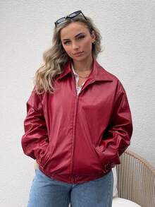 Jeta Ari Drop Shoulder Zip Up Black PU Jacket In Fall/Winter - Red - View 6