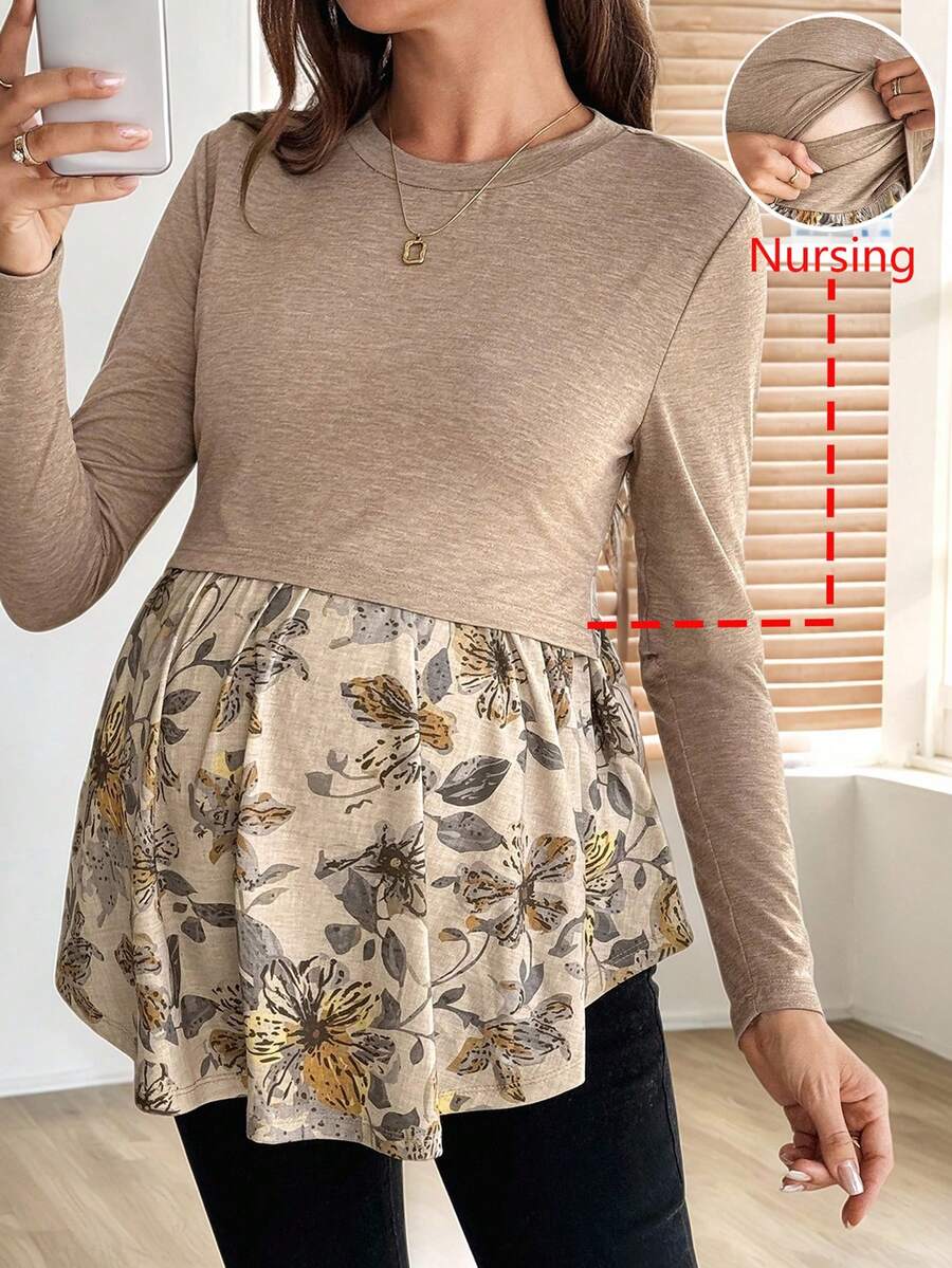 SHEIN 花卉印花圆领休闲长袖哺乳连衣裙 - 黑色 - 查看 1