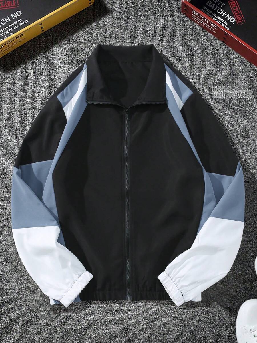 Manfinity Campus Court Aesthetic Post--Men's Long Sleeve Color Block Zipper Front Outdoor Windbreaker Jacket, Fall - Baby Blue - View 1