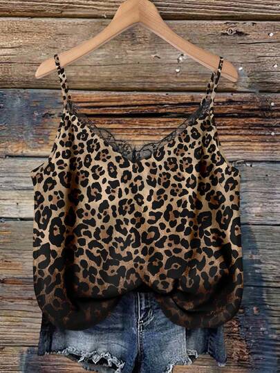 EMERY ROSE Plus Size V-Neck Lace Patchwork Black Gradient Leopard Print Strap Camisole, Elegant For Vacation, Dating, Party, Fashion Suitable For Going Out