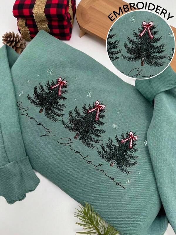 INAWLY Hanorac cu imprimeu brodat cu pom de Crăciun, mărime plus