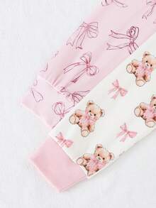 THE HAPPY LOOK 4pcs Young Girl Cartoon Bear Pattern Knit Soft Crew Neck Long Sleeve Top And Elastic Waist Long Pants Snug Fit Pajama Set Toddler Sleepwear Girl Sleep Wear Matching Pajama Set Bows For Kids Kids Pj Sets - Multicolor - View 5