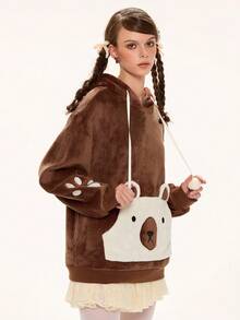 ROMWE Kawaii 女士可爱熊耳卫衣，毛绒面料，绣有熊掌图案 - 棕色 - 查看 4