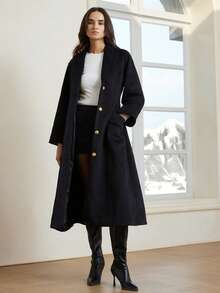 GENKIRA French Elegant High-End Apple Collar Cinched Waist Comfortable A-Line Long Overcoat For Women - Black - View 6