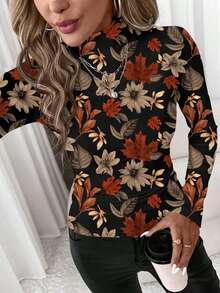 SHEIN Clasi 休闲复古成熟百搭深棕色豹纹图案女士修身长袖打底T恤，秋冬季穿着舒适 - 彩色 - 查看 3