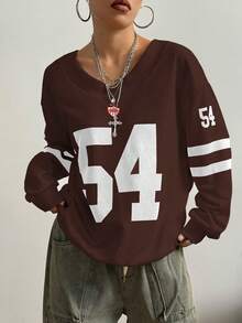 SHEIN HypeZone 女式运动街头撞色数字针织运动衫 - 咖啡棕 - 查看 6