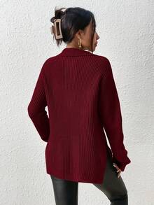 SHEIN Frenchy Áo len đen hạt kéo khóa nửa vai, áo dài tay cho mùa thu/đông - Đỏ - Xem 2