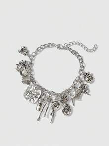 ROMWE Grunge Punk 1 pièce Bracelet vintage avec étoile de mer, coquillage & faux perle, nœud papillon, cerise, pendentifs à éléments mixtes pour femmes - Argent ancien - Voir 1