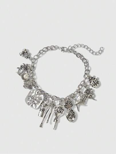 ROMWE Grunge Punk 1pc Vintage Sea Star, Seashell & Faux Pearl Bracelet, Bow, Cherry, Mixed Element Pendants Bracelet For Women