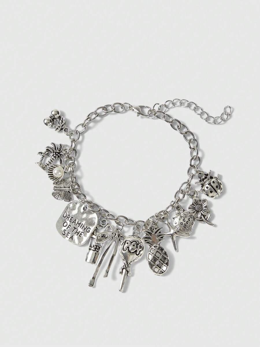 ROMWE Grunge Punk 1 pièce Bracelet vintage avec étoile de mer, coquillage & faux perle, nœud papillon, cerise, pendentifs à éléments mixtes pour femmes - Argent ancien - Voir 1