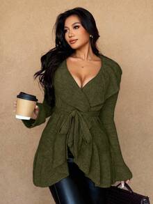 Rafferiza 女士简约优雅法式浪漫系带开衫 绿色开衫 女士橄榄绿 - 軍綠色 - 查看 6