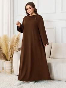 Lacomfia 大码女式针织高领休闲连衣裙 - 咖啡棕 - 查看 5
