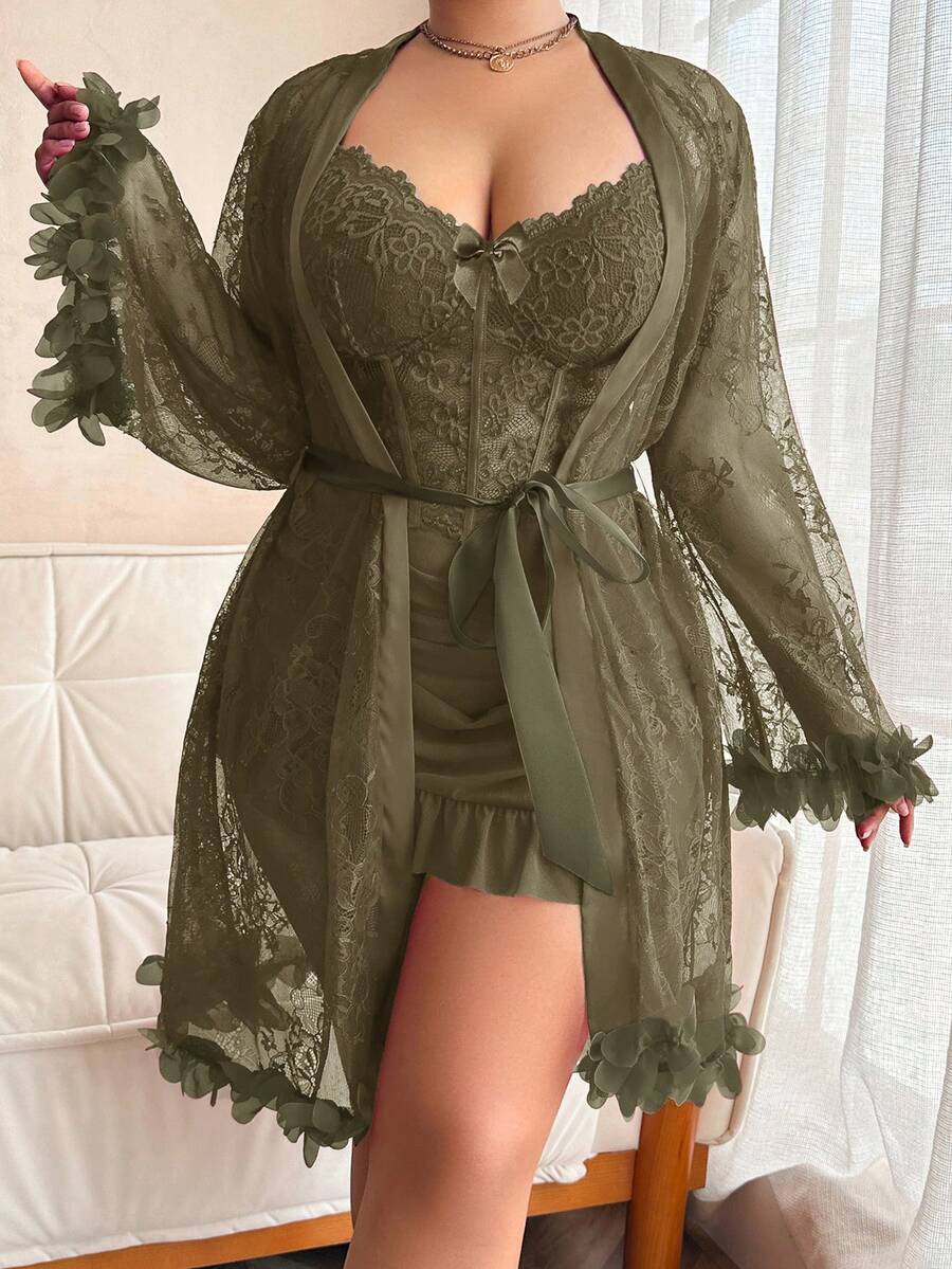 SHEIN 1 Set Plus Size Lace Robe With 3D Floral Decor + Plus Size Lace Camisole Slip Dress With Waist Cinching Design - Army Green - View 1