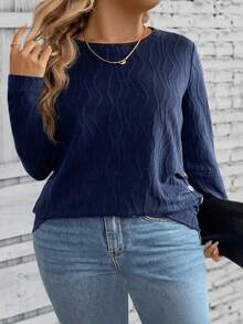 EMERY ROSE Maglietta a maniche lunghe in tinta unita con texture, casual, per l'autunno, taglie comode - Blu Navy - Visualizzare 4