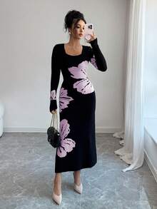 Elenzga Square Neck Jacquard Knit Bodycon Waist Sweater Dress - Baby Pink - View 4