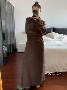 DAZY Loose Casual Gray Knit Sweater Dress For Women, Autumn/Winter - Coffee Brown - View 3