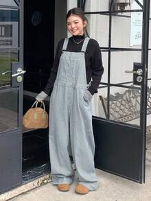 Dazy Plus 时尚条纹宽松休闲背带裤，带口袋，大码女式长款牛仔连体裤 - 藍色 - 查看 7