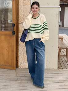 Dazy Plus Plus Size Casual Washed Loose Straight Leg Long Denim Jeans - Medium Wash - View 6
