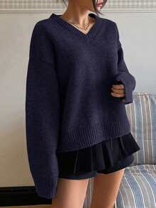 DAZY Áo len dài tay cổ chữ V dáng rộng màu trơn đơn giản dành cho nữ, mùa thu/đông - Màu xanh hải quân - Xem 4