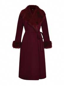 Sweetra Áo khoác len buộc dây họa tiết lông thú giả màu trơn phong cách cổ điển cỡ lớn cho nữ, mùa thu/đông - Màu tím - Xem 1