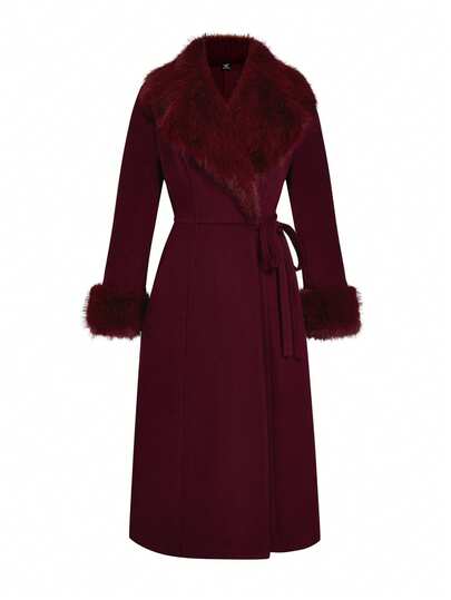 Sweetra Plus Size Women Vintage Style Solid Color Patchwork Faux Fur Wrap Tie Woolen Coat, Autumn/Winter