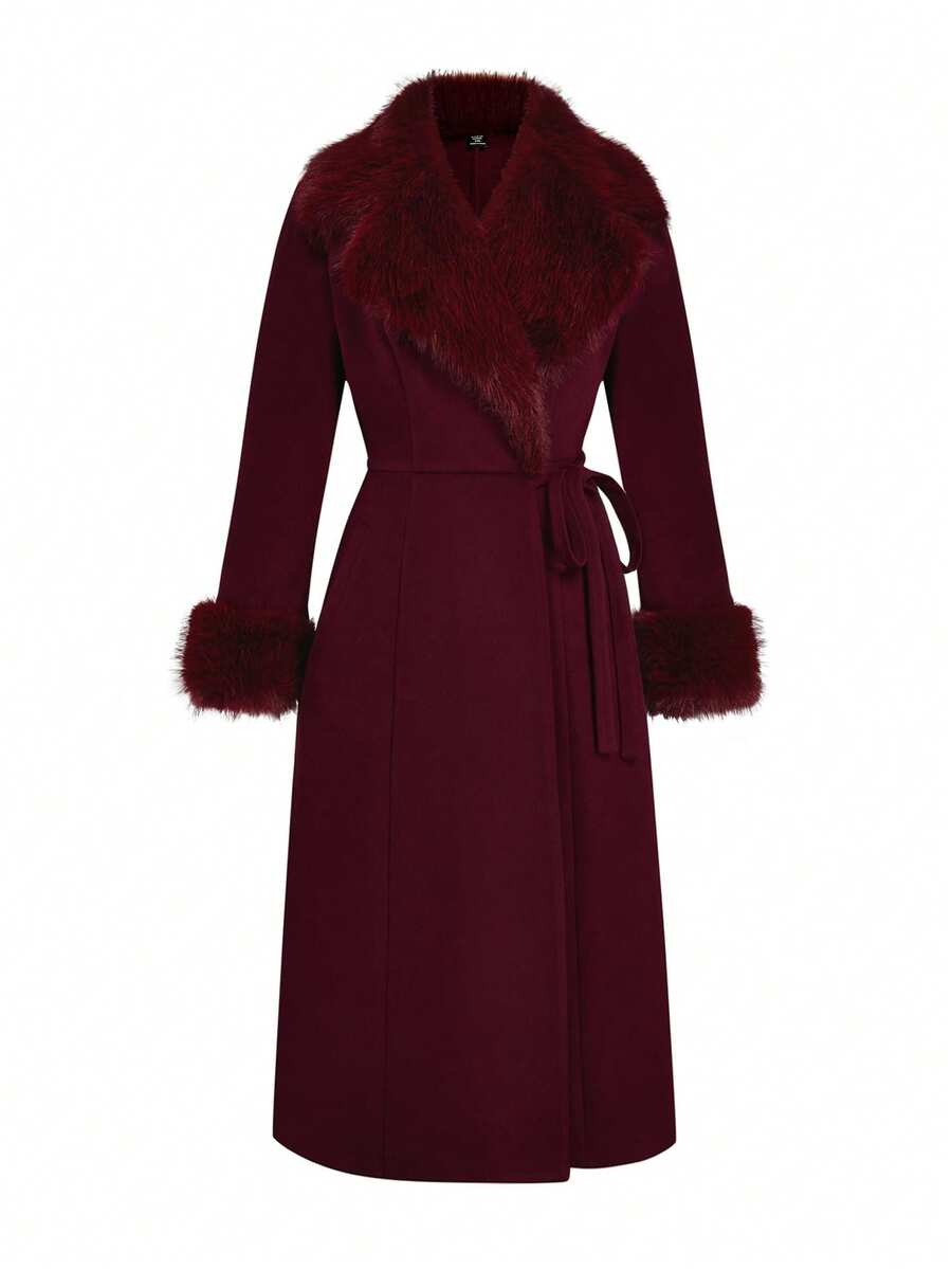 Sweetra Áo khoác len buộc dây họa tiết lông thú giả màu trơn phong cách cổ điển cỡ lớn cho nữ, mùa thu/đông - Màu tím - Xem 1