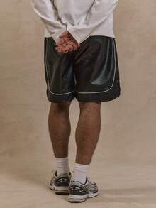 Musero Men Contrast Lining Boxer Style Faux Leather Shorts Elasticated Waistband Basics Autumn Winter - Black - View 4