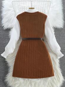 女士度假休闲优雅纹理针织背心搭配长袖翻领衬衫连衣裙两件套，适合日常穿着 - 棕色 - 查看 2
