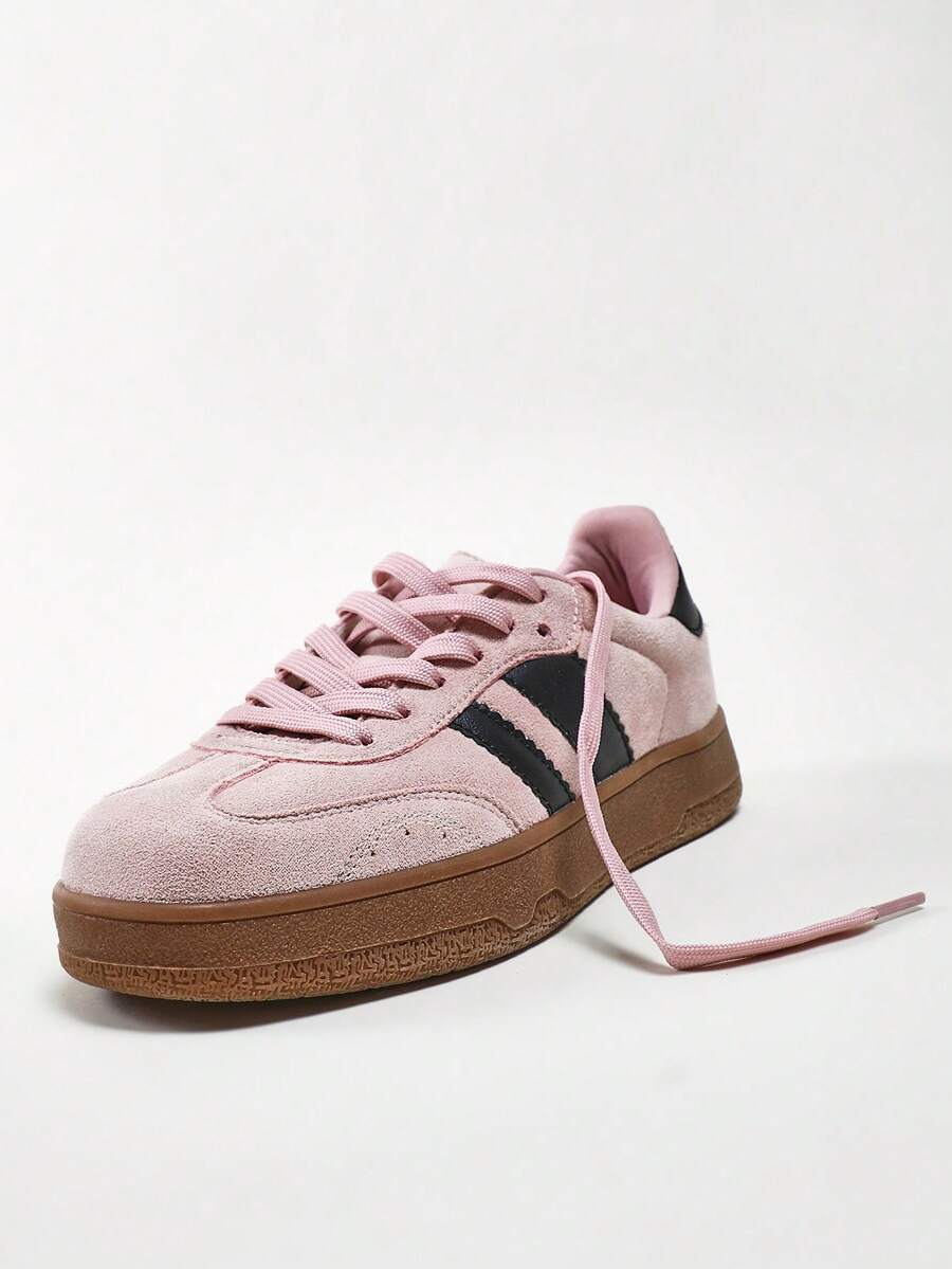 Solezae Women's Pink Black 2 Stipes Gum Sole Sneakers,Skateboarding Style With Streetwear Looks, Fashion ,Versatile Holiday Vacay Vibe For Fall And Winter New Year Holiday Easter Tainers Mother's Day Present For Christmas