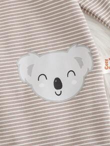 Cozy Pixies Newborn Baby Boy/Girl Cartoon Koala Print Striped Soft Knit Zip-Up Long Sleeve Romper And Pants 2-Piece Pajama Set - Grey - View 3