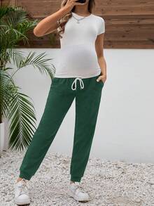 SHEIN Maternity Solid Color Casual Pants - Dark Green - View 3