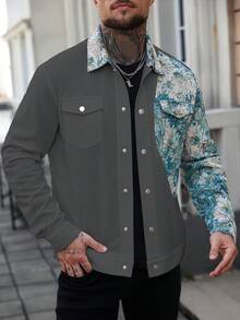 Manfinity CasualCool 男士花卉图案前扣休闲长袖夹克珍珠扣衬衫男士衬衫街头服饰男士花卉纽扣衬衫 - 灰色 - 查看 3