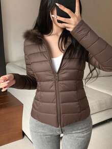 DAZY Áo khoác đệm cổ lông vá dành cho nữ, Thu/Đông - Cà phê nâu - Xem 5