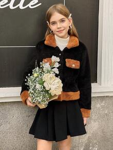 MODELY Tween Girl Girls Plush Jacket, Colorblock Long Sleeve Faux Fur Collar Jacket, Casual Wear For Autumn/Winter - Black - View 4