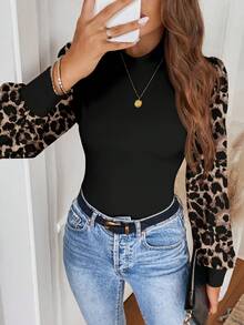 Easowa 高领针织泡泡袖撞色复古豹纹印花休闲通勤优雅女式衬衫，适合秋冬季穿着 - 彩色 - 查看 4