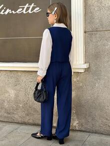 2pcs Set: Collared Patchwork Long Sleeve Shirt + Casual Straight Leg Pants - Navy Blue - View 4