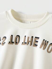 JNSQ Young Boy Letter Print Round Neck Drop Shoulder Long Sleeve Sweatshirt And Sweatpants Casual Suit - Khaki - View 2