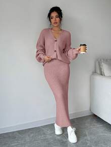 Elenzga 女士休闲通勤简约纯色V领落肩宽松纽扣开衫针织半身两件套，秋冬款 - 藕粉色 - 查看 3